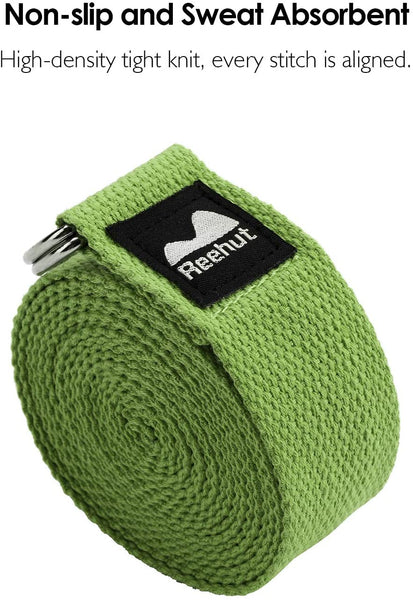 REEHUT Yoga Strap (6ft, 8ft, 10ft) w/Adjustable D-Ring Buckle - Durable Polyester Cotton Exercise Straps for Stretching, General Fitness, Flexibility and Physical Therapy